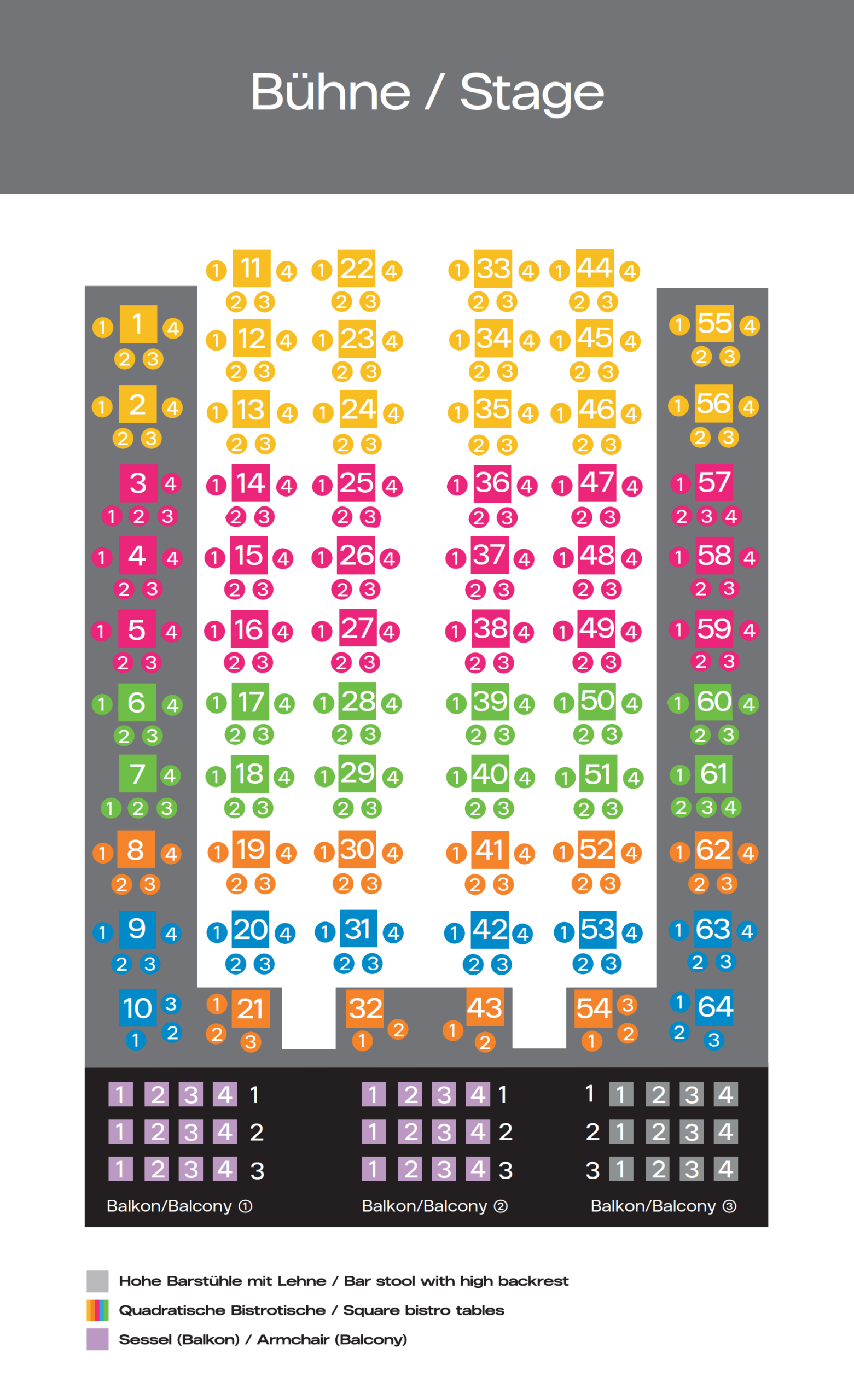 Farbcodierter Sitzplan für Carnivale Royale mit Bühne oben, Tisch-/Sitzplatznummern, Balkonabschnitten und Ticketkategorien (1–6).