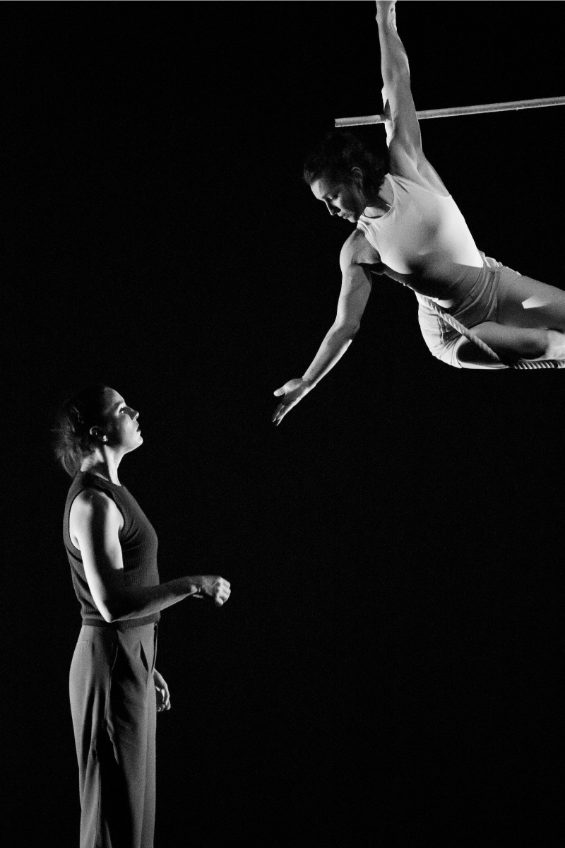 A trapeze artist is reaching her hand out to another artist.